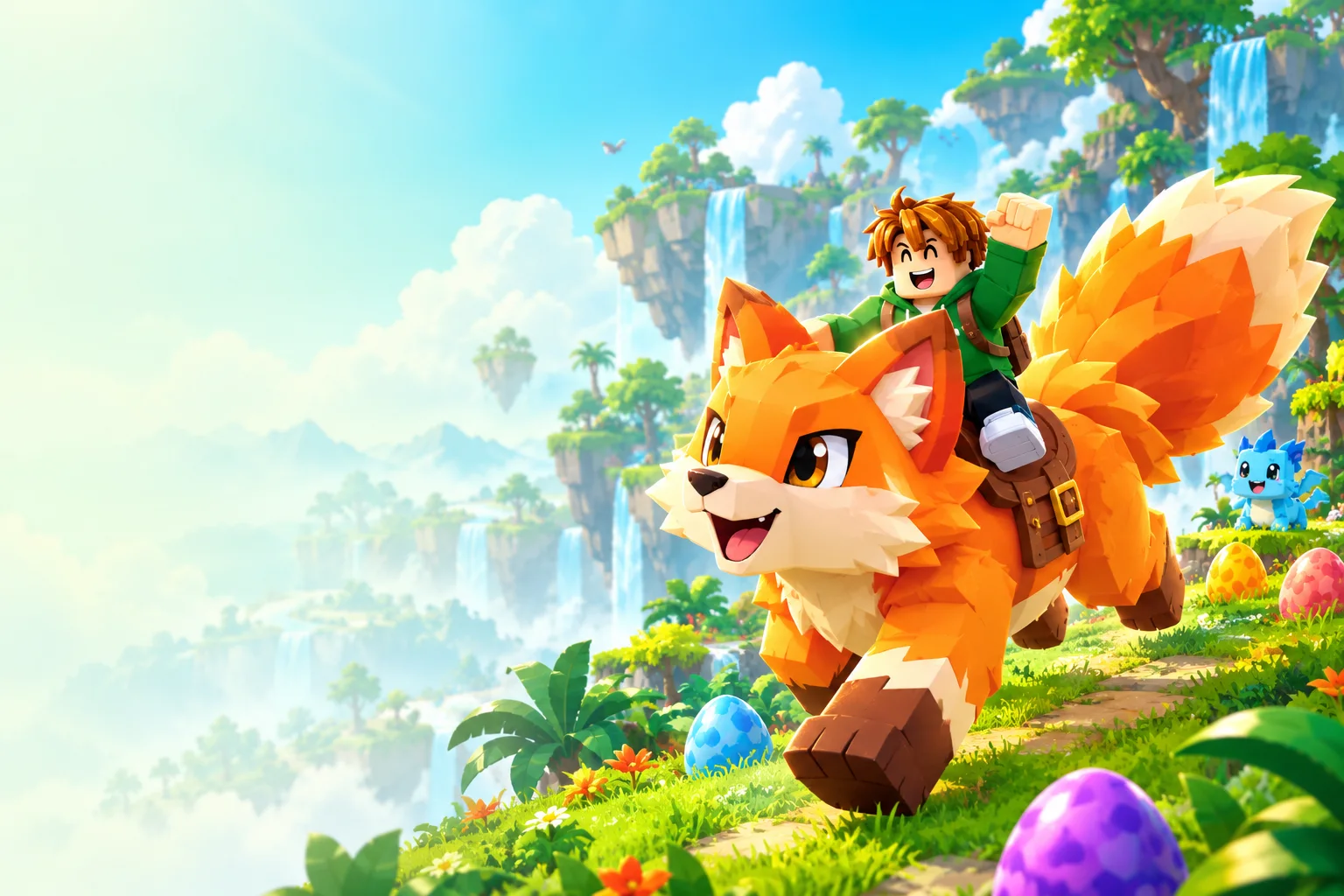 Original decorative illustration of a rider and a giant fox exploring a sunny island with colorful eggs